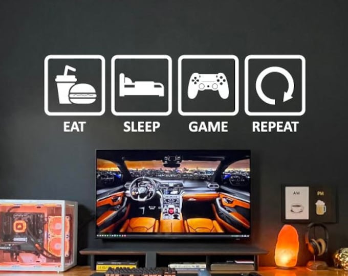 Eat Sleep Game Repeat Gaming Sticker Decal, gaming decor gift, gaming wall decoration, video gaming stickers, gamer gaming decor gaming gift