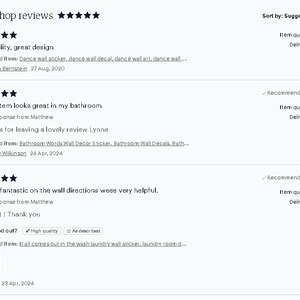 May include: A digital display of three customer reviews for an online shop, featuring five-star ratings, text comments, and links to purchased items including dance wall stickers, bathroom wall decor, and laundry room wall decals with dates.