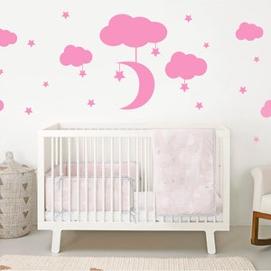 Moon clouds and stars nursery wall decor sticker, Clouds moon and stars wall decal, Stars clouds and moon nursery decor, Nursery clouds moon