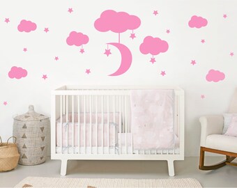 Moon clouds and stars nursery wall decor sticker, Clouds moon and stars wall decal, Stars clouds and moon nursery decor, Nursery clouds moon