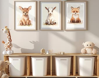 Set of 3 nursery animal art prints printable wall art download nursery wall decor printable baby animal prints nursery gift idea