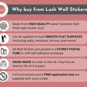 May include: An informational graphic with a dusty rose background titled Why buy from Lush Wall Stickers? It lists five points: high-quality water-resistant matt vinyl, application to smooth flat surfaces, sturdy packaging, handmade in the UK, and included instructions with a free application tool.