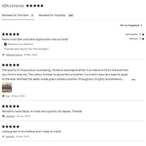 May include: A digital interface displaying 494 reviews with a five-star rating system. The screen shows customer feedback for a wall decal, including text reviews, star ratings, item quality scores, delivery ratings, and seller responses.