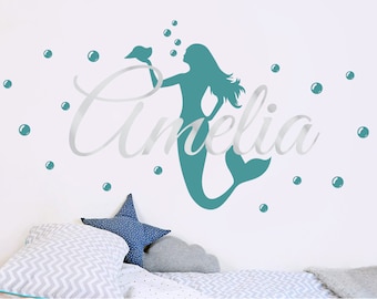 Personalised mermaid wall sticker, mermaid wall decals, mermaid wall art, mermaid wall decor, mermaid wall stickers