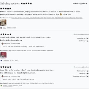 May include: A digital interface displaying a list of five-star shop reviews. The text includes customer feedback regarding wall decals, responses from the shop owner named Matthew, and links to purchased items like New York skyline and bathroom wall stickers.
