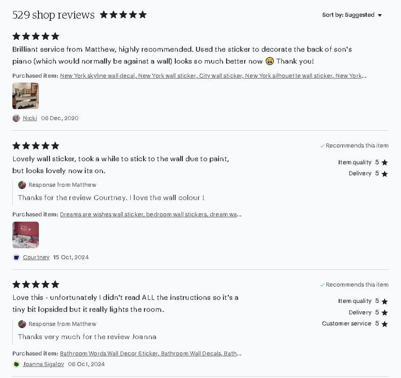 May include: A digital interface displaying a list of five-star shop reviews. The text includes customer feedback regarding wall decals, responses from the shop owner named Matthew, and links to purchased items like New York skyline and bathroom wall stickers.