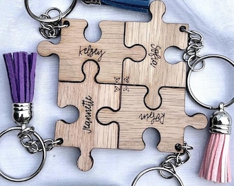 Personalized Wooden Puzzle Piece Keychain, Engraved Name Friendship Gift, Best Friend Key Chain Set, Custom, Group Gift, For Women Friends