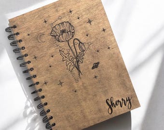 Personalized Zodiac Sign Birth Flower Wood Notebook, Celestial Constellation Diary