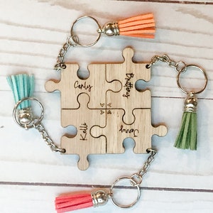 Custom Engraved Puzzle Piece Keychain, Personalized Friendship Gift for group, Sweet Sixteen Gift, Name Key Chain, Girls Trip, Wooden Puzzle