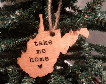 West Virginia Christmas Ornament | Handmade Engraved Wooden Tree Bauble WV | West Virginia Take Me Home Ornament