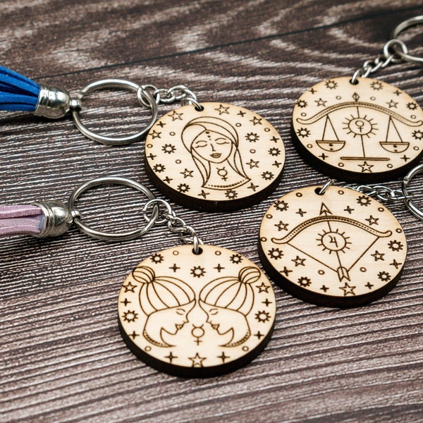 Engraved Zodiac Keychain - Aires Astrology Wooden Engraved Keyring - Personalized
