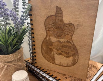 Cuaderno con grabado de guitarra, regalo para guitarrista, cuaderno con tapa de madera, regalo personalizado para músicos, regalo para el Día del Padre, guitarra acústica