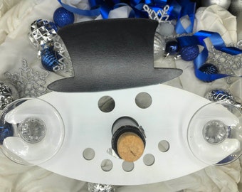 Snowman Wine Caddy: Wooden Wine Bottle & Glass Holder