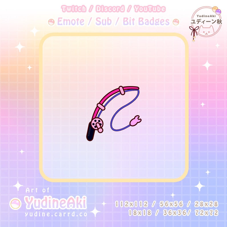 May include: A pink and blue fishing rod with a white and red stripe. The rod is curved into a C shape and has a small pink fish at the end of the line. The image is set against a pink and blue grid background.