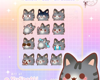 Gray Cat Set (12 Emotes) - Twitch / YouTube / Sub / Bits Badges / Vtuber / Live Stream