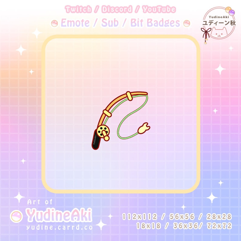 May include: A cartoon illustration of a fishing rod with a yellow and orange handle, a green line, and a black and white reel. The image is on a pink and white grid background with the text "YudineAki" and "yudine.carrd.co" at the bottom.