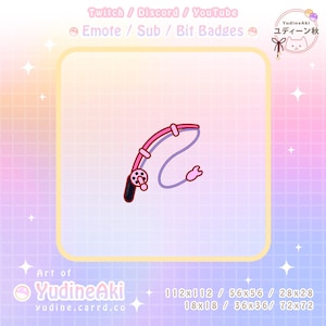 May include: A pink and purple fishing rod with a black reel. The rod is curved into a 'C' shape. The image is set against a pink and blue grid background.
