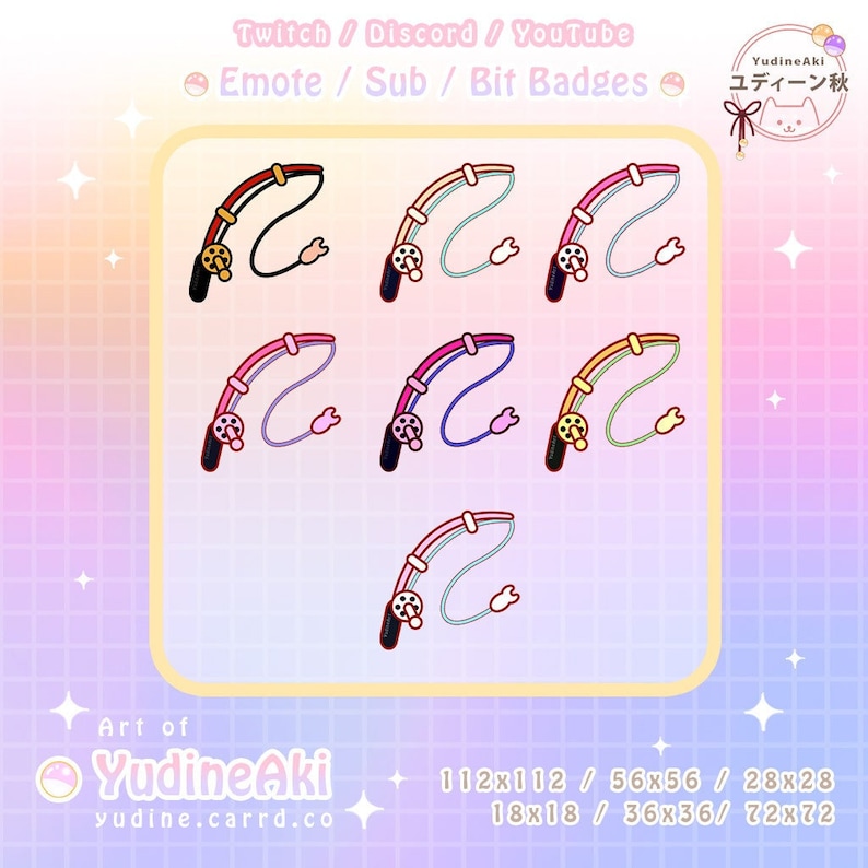 May include: A set of 7 digital badges featuring a cartoon fishing rod with a rainbow colored line. The badges are available in 7 different sizes: 112x112, 56x56, 28x28, 18x18, 36x36, and 72x72 pixels.