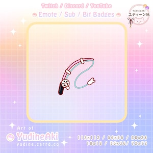 May include: A pink and blue fishing rod with a black reel. The fishing rod is curved into a 'C' shape. The image is on a pink and white checkered background.