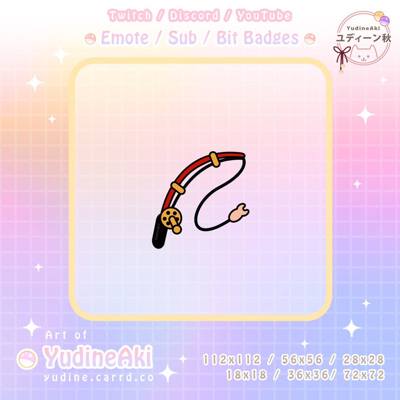 May include: A cartoon illustration of a red and black fishing rod with a gold reel. The fishing line is black and the hook is a simple white shape. The image is set against a pink and white grid background.