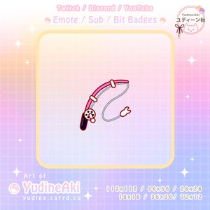 May include: A pink and blue fishing rod with a white reel. The rod is curved into a 'C' shape. The image is set against a pink and blue grid background.