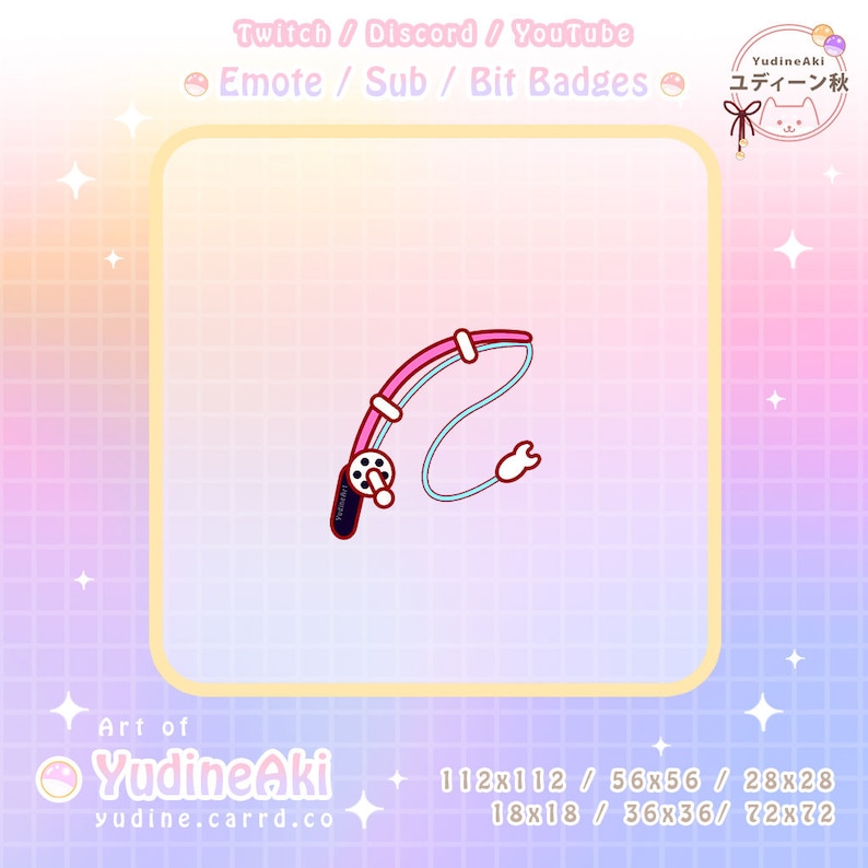 May include: A pink and blue fishing rod with a white reel. The rod is curved into a 'C' shape. The image is set against a pink and blue grid background.