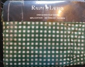 NOS Vintage Ralph Lauren Forest Green Gingham Queen Size Flat Sheet