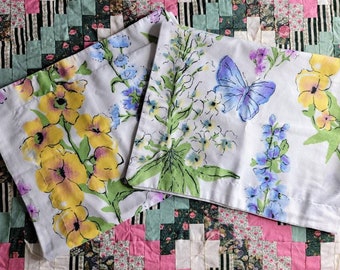 Set of 2 Vintage Pillowcases Featuring Butterflies and Spring Flowers - Standard Size [#698]
