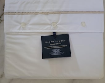 NEW Ralph Lauren White Organic Cotton Flat Sheet w/Sand Dune Colored Accents - Queen Size [#1493]