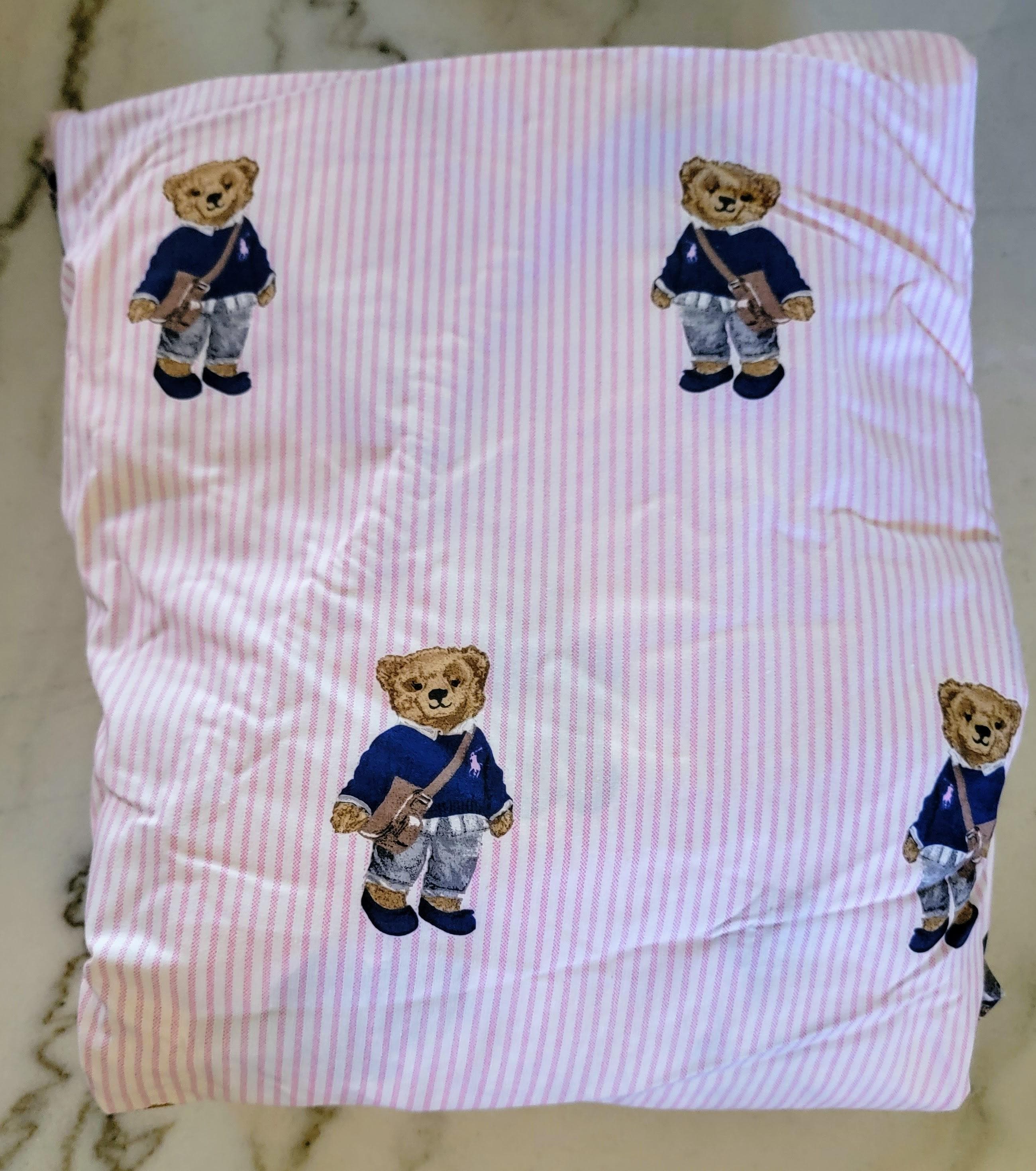 NUEVO - Sábana ajustable de rayas blancas y rosas de Polo Ralph Lauren con diseño de osito de peluche - Tamaño completo [#1248]