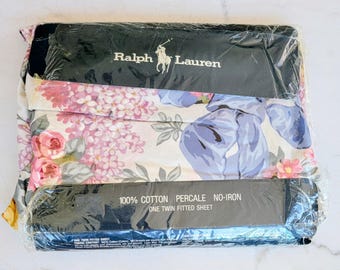 NOS - Vintage Polo Ralph Lauren "Allison" Fitted Sheet w/Country Cottage Floral Pattern - Twin Size [#1573]