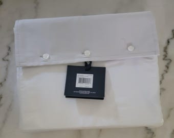 NEW Ralph Lauren White Organic Cotton Flat Sheet W/Plantium Santeen Border - 624 TC - Queen Size [#1527]