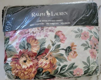 NOS - Vintage Polo Ralph Lauren "Allison" Fitted Sheet w/Country Cottage Floral Pattern - Twin Size [#1582]