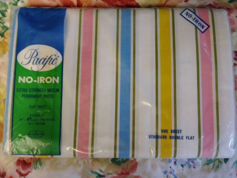 White and Green Striped Flat Sheet Blue Yellow NIP Vintage Pink