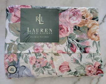 NOS - Vintage Lauren Ralph Lauren "Allison" Flat Sheet w/Ruffles in Country Cottage Floral  Design - Queen Size [#1472]
