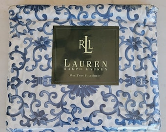 NOS Lauren Ralph Lauren "Porcelain Rosette" Blue & White Flat Sheet w/Asian Design - Twin Size [#1468]