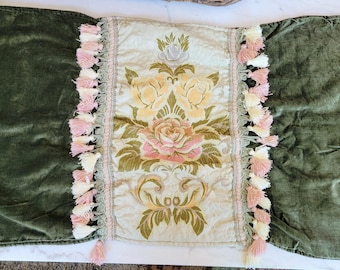 Vintage King Size Sham w/Green Velvet, Rose Embroidery, and Tassel Designs [#973]