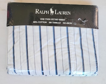 NOS Vintage Polo Ralph Lauren Blue and White Striped "Jonquil" Fitted Sheet - Twin Size [#1500]