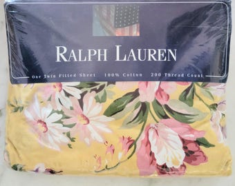 NOS Vintage Ralph Lauren Yellow "Brooke" Fitted Sheet w/French Country Cottage Design - Twin Size [#1561]