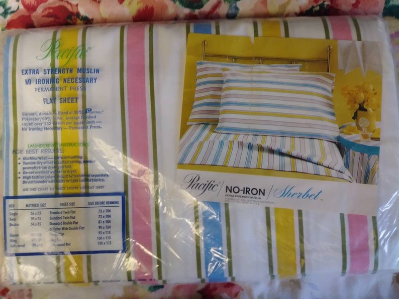 White and Green Striped Flat Sheet Blue Yellow NIP Vintage Pink