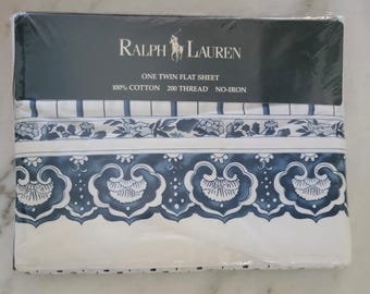 NOS Vintage Polo Ralph Lauren Blue and White "Jonquil" Flat Sheet - Twin Size [1146]