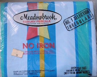 NOS Vintage Meadowbrook Queen Size Flat Sheet With Stripes [#186]