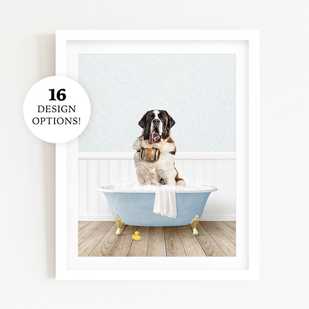 St. Bernard Dog in a Vintage Bathtub, Dog Taking Bath, Dog Art