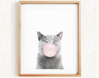 Cat Smiling Blowing Bubble Gum, Happy Cat Animal Nursery Decor, Unframed Print, Baby Animal Wall Art by Amy Peterson