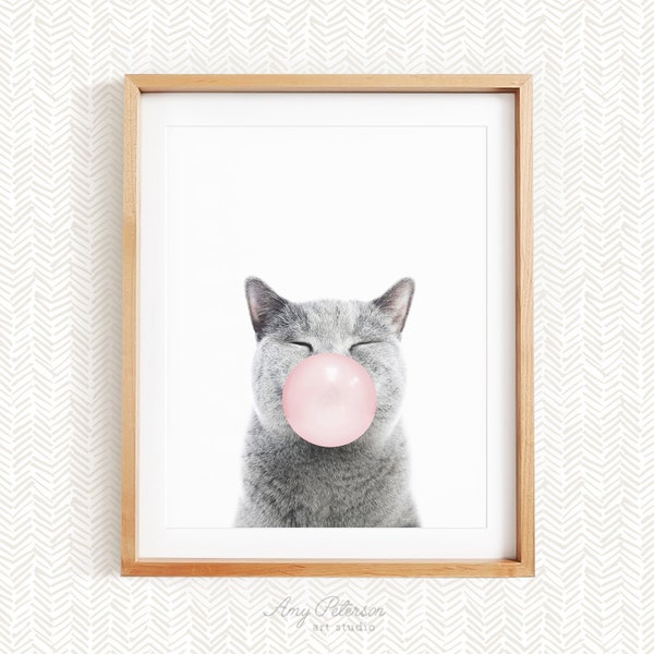 Cat Smiling Blowing Bubble Gum, Happy Cat Animal Nursery Decor, Unframed Print, Baby Animal Wall Art by Amy Peterson