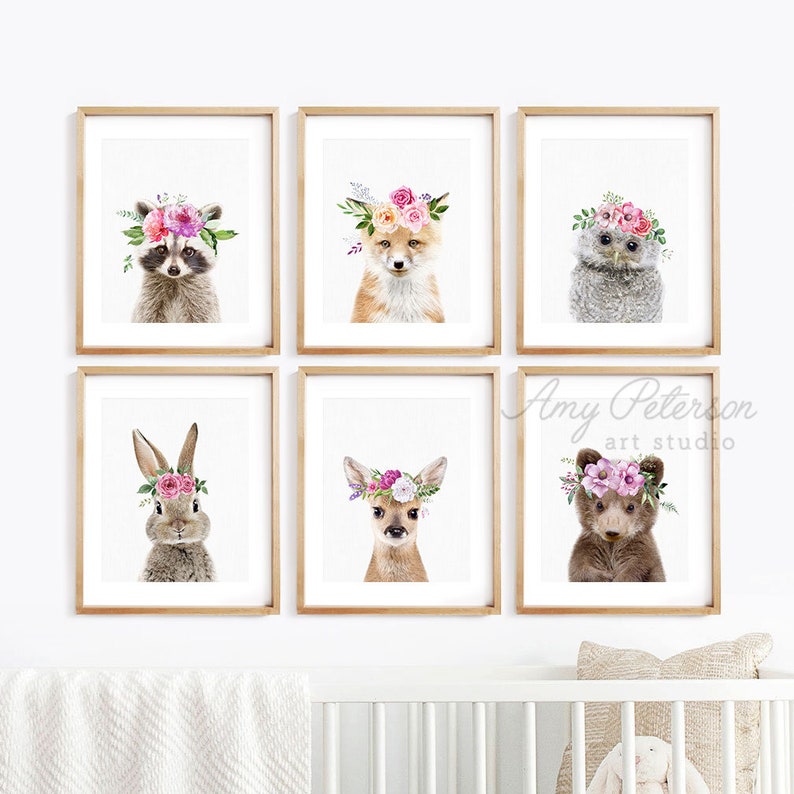 Woodland Baby Animals With Flower Crowns Floral Crown Nursery Etsy