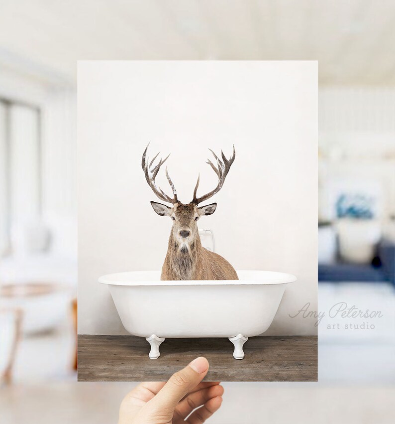 Male Deer in a Bathtub Taking a Bath Deer Bathing Stag Etsy
