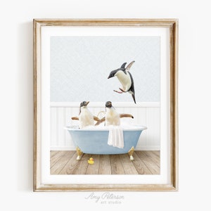 Penguins in a Vintage Bathtub, Cottage Blue Bath Style, Penguin in Tub, Bathroom Wall Art, Unframed Print, Animal Art by Amy Peterson