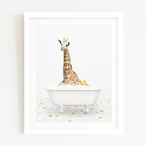 Giraffe with Rubber Ducky in a Vintage Bathtub, Color Tile Bath Style, Bathroom Wall Art, Unframed Animal Art Print by Amy Peterson