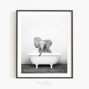 Baby Elephant No3 in a Vintage Bathtub, Rustic Bath Style in Black and White, Bathroom Wall Art, Unframed Print, Animal Art by Amy Peterson